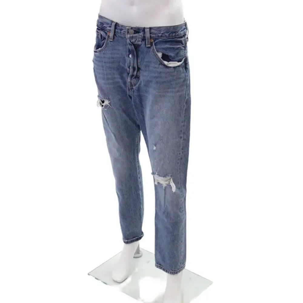 Levis Womens Button Fly High Rise Distressed Straight Leg Jeans Blue Size 30x28